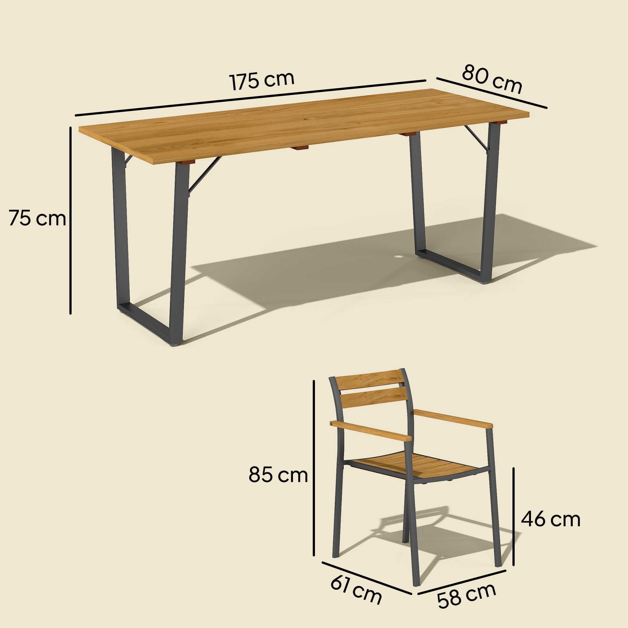 Modern outdoor fir wood furniture set with 175 cm table, dark gray metal legs, umbrella hole, and stackable chairs