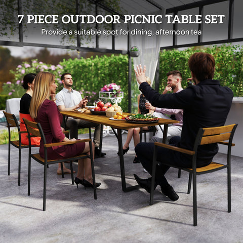 Modern outdoor fir wood picnic table furniture set with umbrella hole and black metal frame for patio and porch