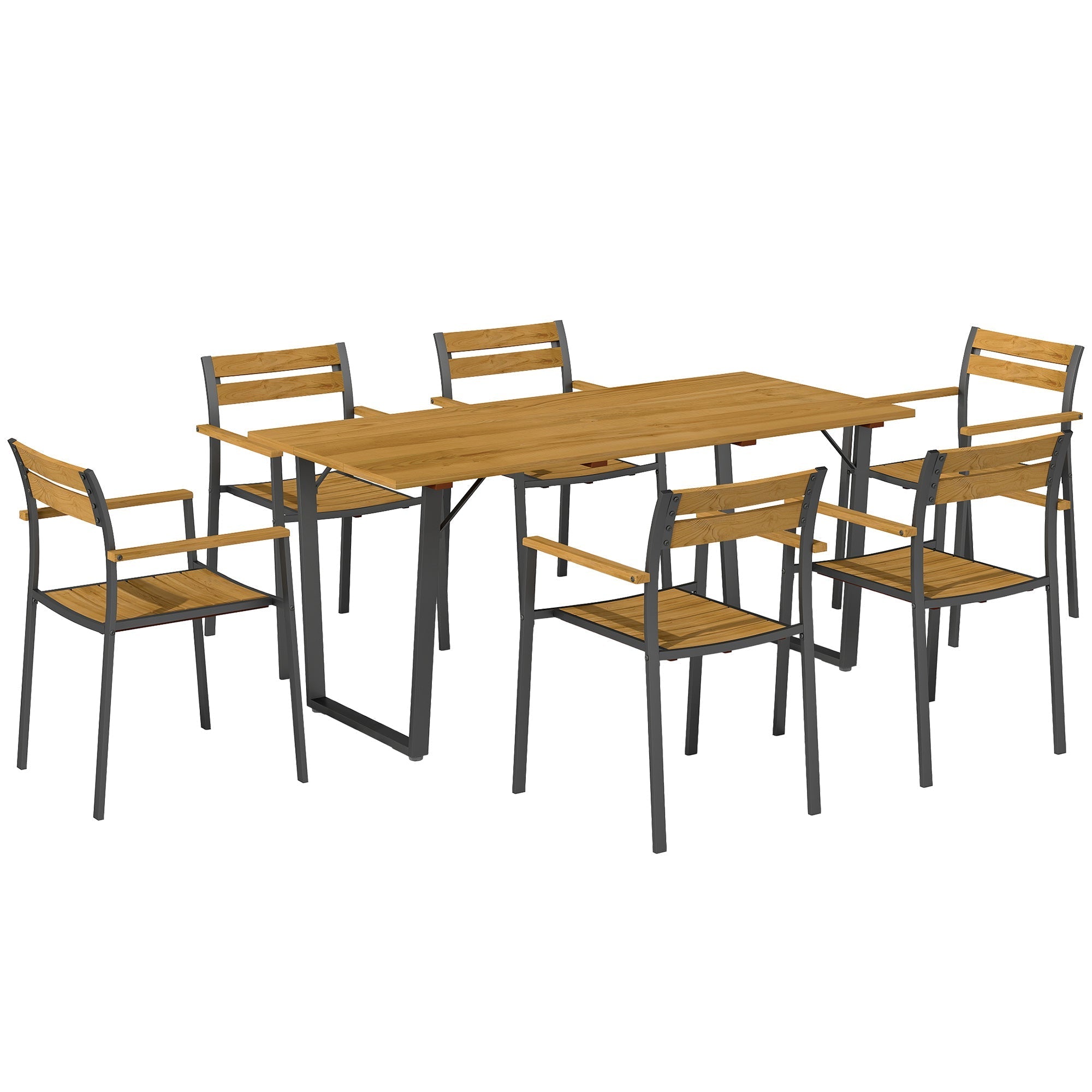Modern outdoor fir wood furniture set with umbrella hole featuring rectangular table and six stackable chairs in brown