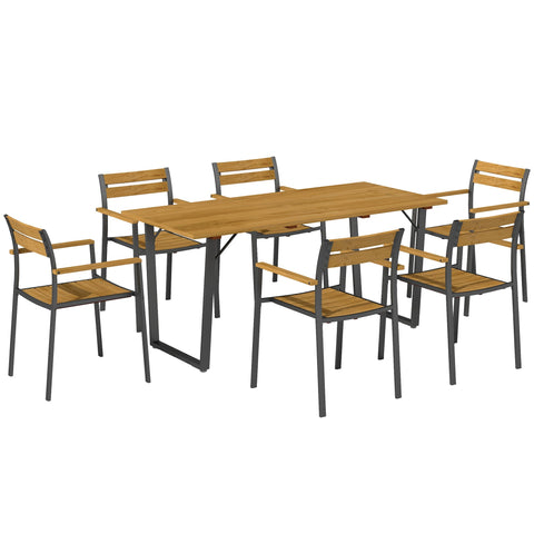 Modern outdoor fir wood furniture set with umbrella hole featuring rectangular table and six stackable chairs in brown