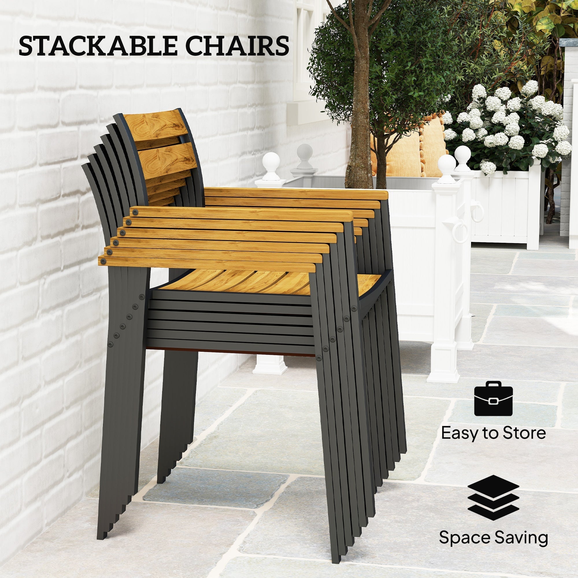 Stackable outdoor chairs with black metal frames and fir wood slats from outsunny garden furniture set with umbrella hole