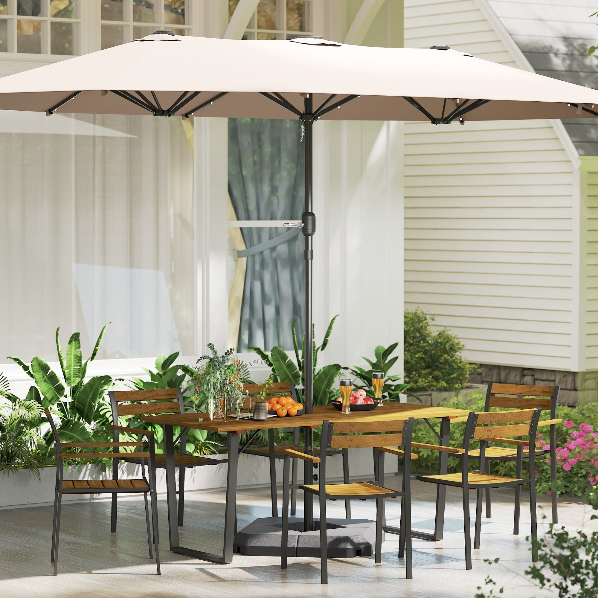 Beige fabric patio umbrella with crank and black metal frame in fir wood furniture set with umbrella hole for patio use