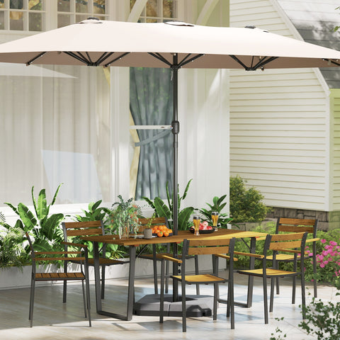 Beige fabric patio umbrella with crank and black metal frame in fir wood furniture set with umbrella hole for patio use