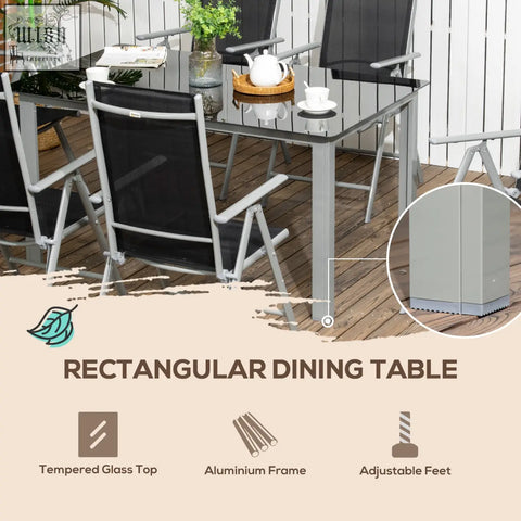 Outsunny 7 piece garden dining set with rectangular black aluminum frame table and tempered glass top for outdoor garden dining