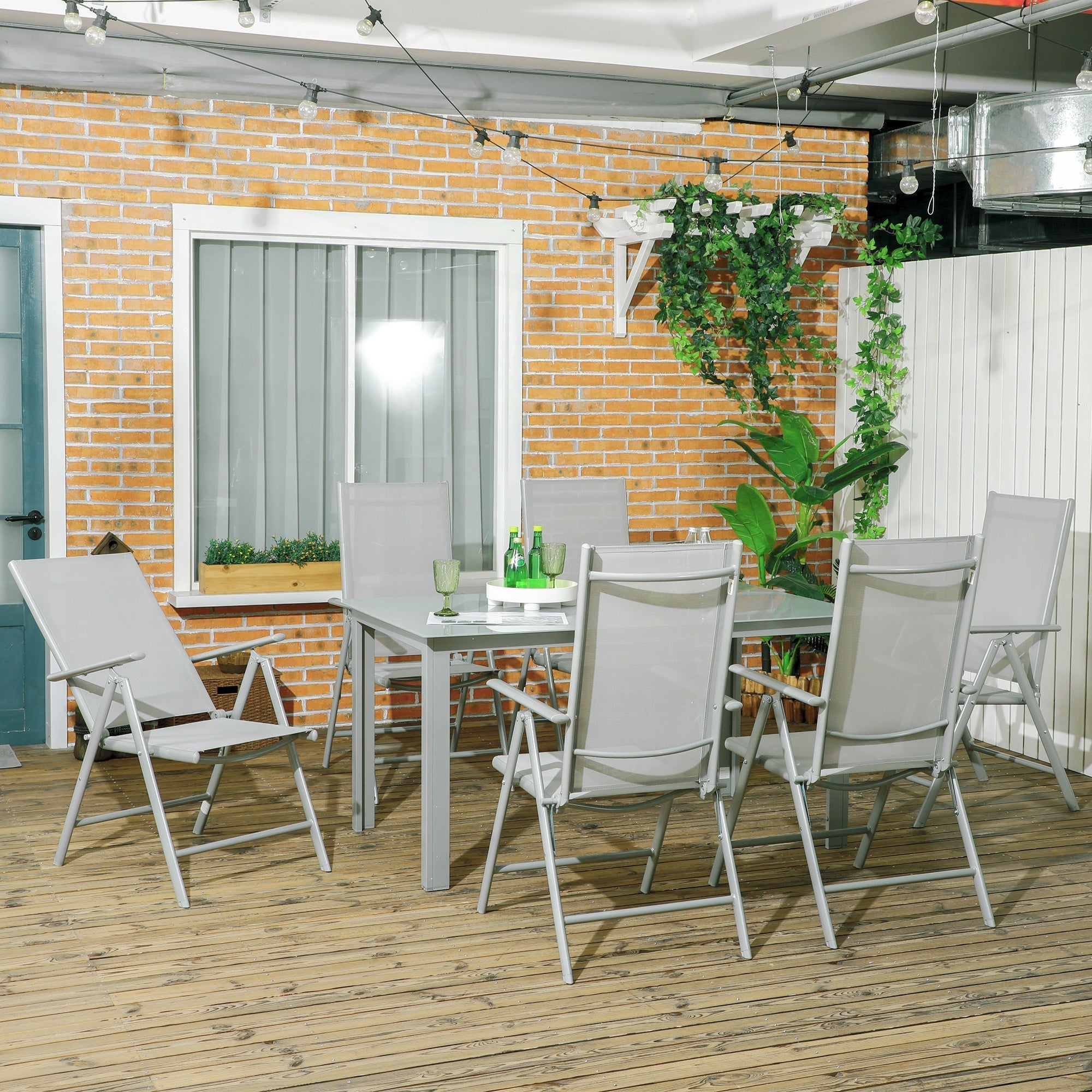 Gray outsunny 7 piece garden dining set with tempered glass table top and aluminum frame outdoor folding chairs