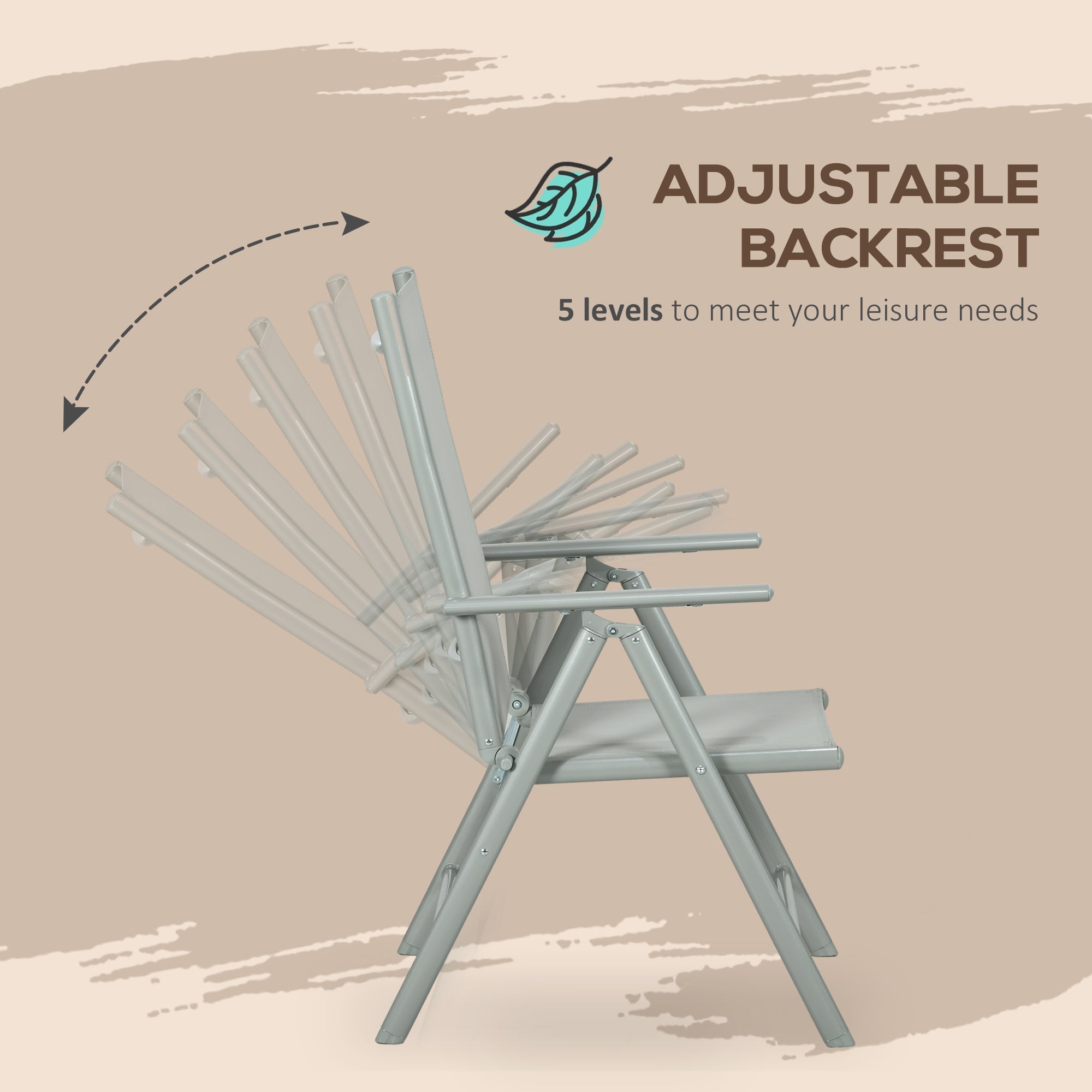 Light gray metal folding chair with adjustable backrest in outsunny garden dining set with tempered glass table