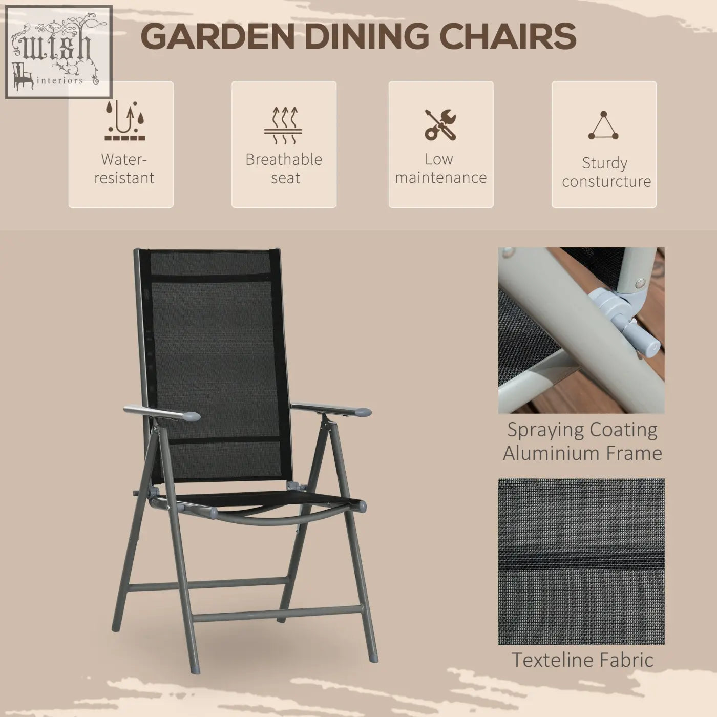 Black texteline fabric garden dining chair with spray-coated aluminum frame from outsunny garden dining set with tempered glass table
