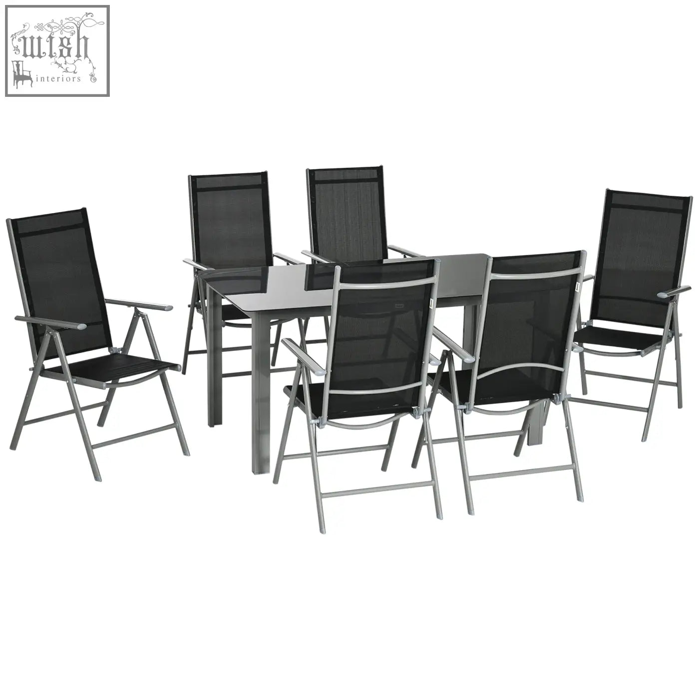 Black mesh garden dining set with silver aluminum frame, tempered glass table, and 6 folding reclining chairs outdoors