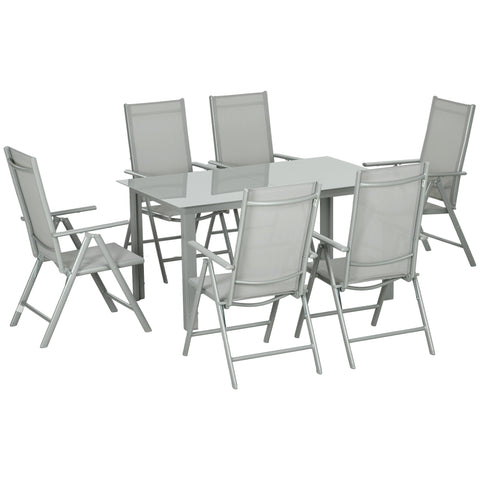 Gray outsunny garden dining set with tempered glass table and six folding mesh chairs for outdoor use