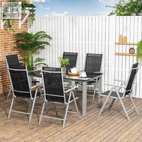 Black mesh garden dining set with silver aluminum frame and tempered glass top table for outdoor use