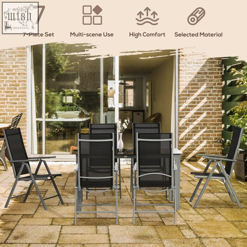 Black mesh garden dining set with silver aluminum frame and tempered glass top table for outdoor use
