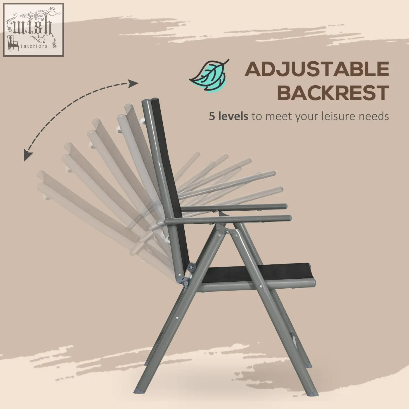 Gray metal folding chair with black fabric seat and adjustable backrest in outsunny garden dining set with tempered glass table