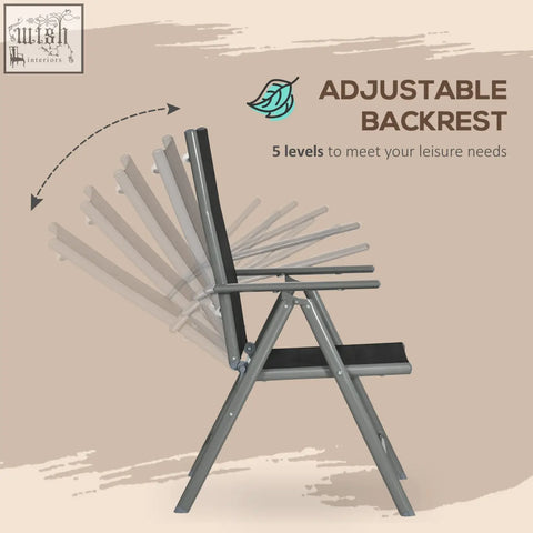 Gray metal folding chair with black fabric seat and adjustable backrest in outsunny garden dining set with tempered glass table