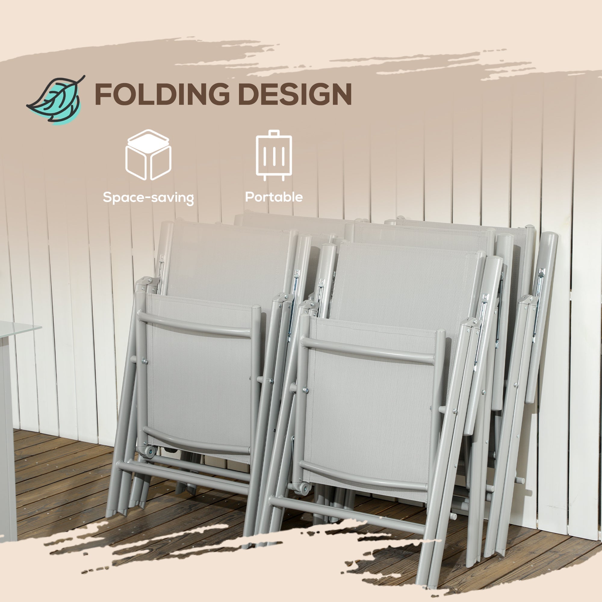 Stack of light gray folding chairs with metal frames and fabric seats from outsunny garden dining set with tempered glass top