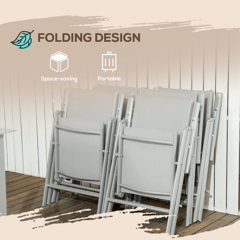 Stack of light gray folding chairs with metal frames and fabric seats from outsunny garden dining set with tempered glass top