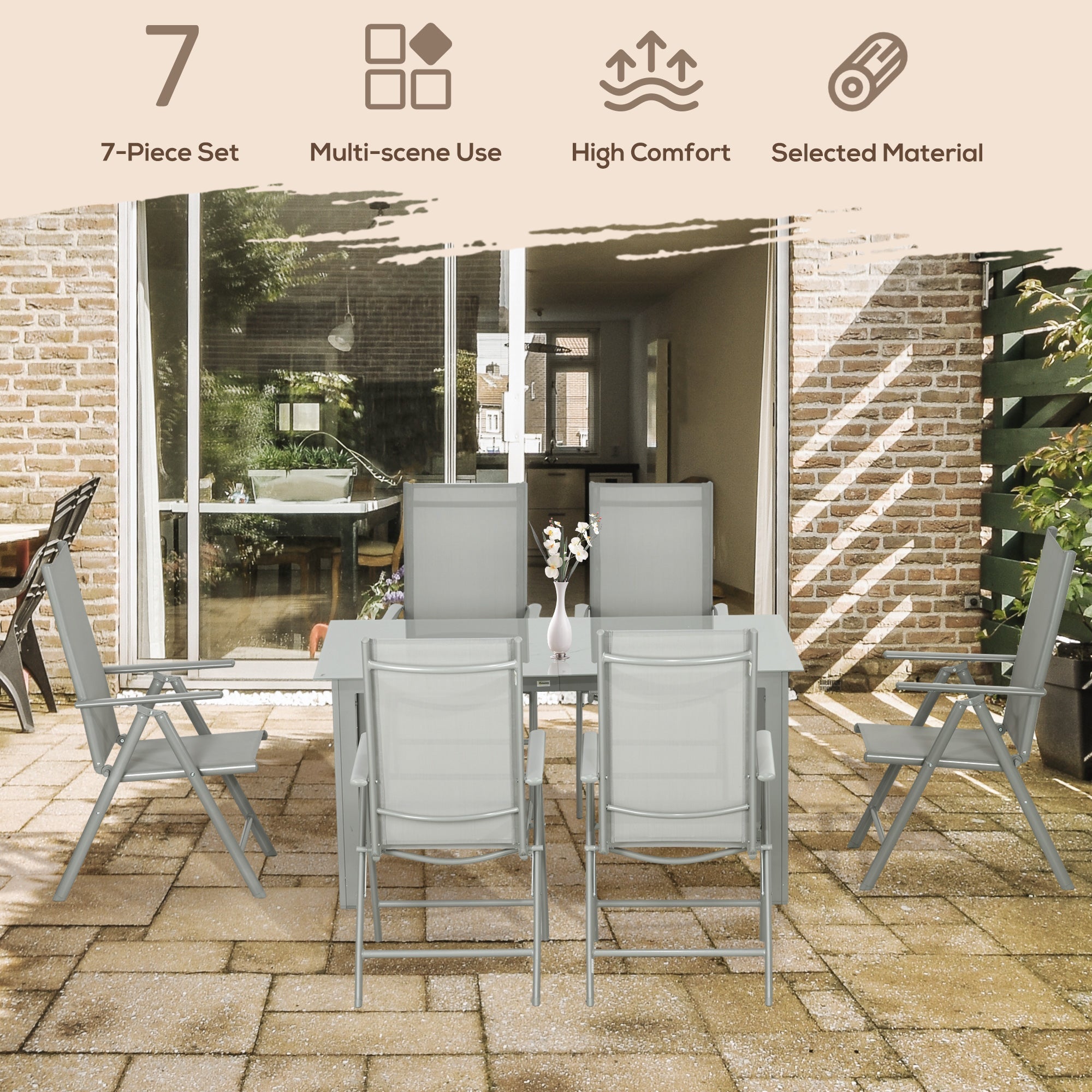 Gray outsunny garden dining set with tempered glass top table and six folding mesh fabric chairs