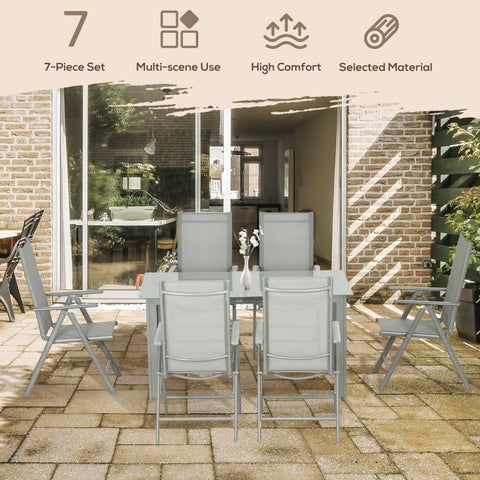 Gray outsunny garden dining set with tempered glass top table and six folding mesh fabric chairs