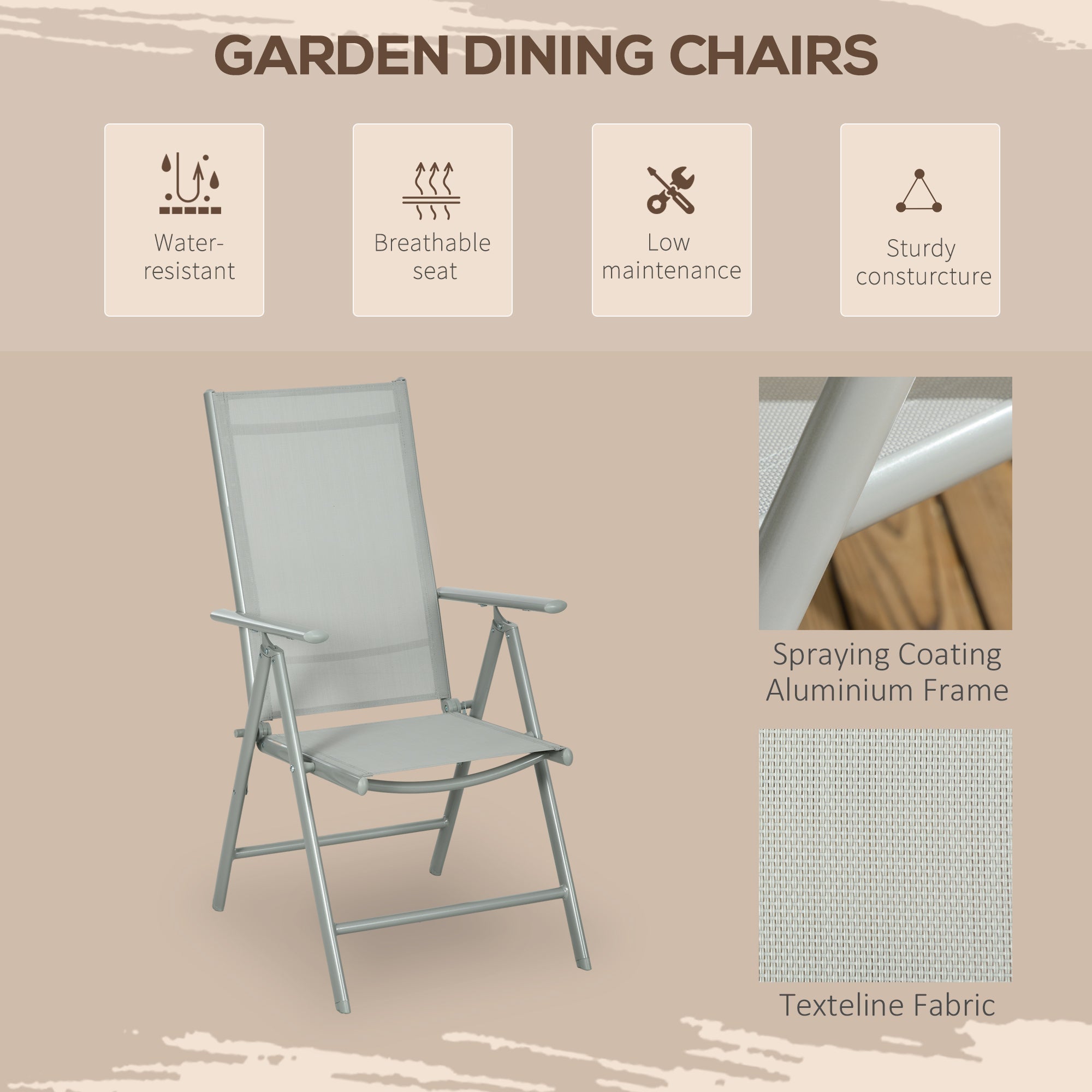 Light gray folding garden dining chair with spraying-coated aluminum frame and texteline fabric for garden dining set