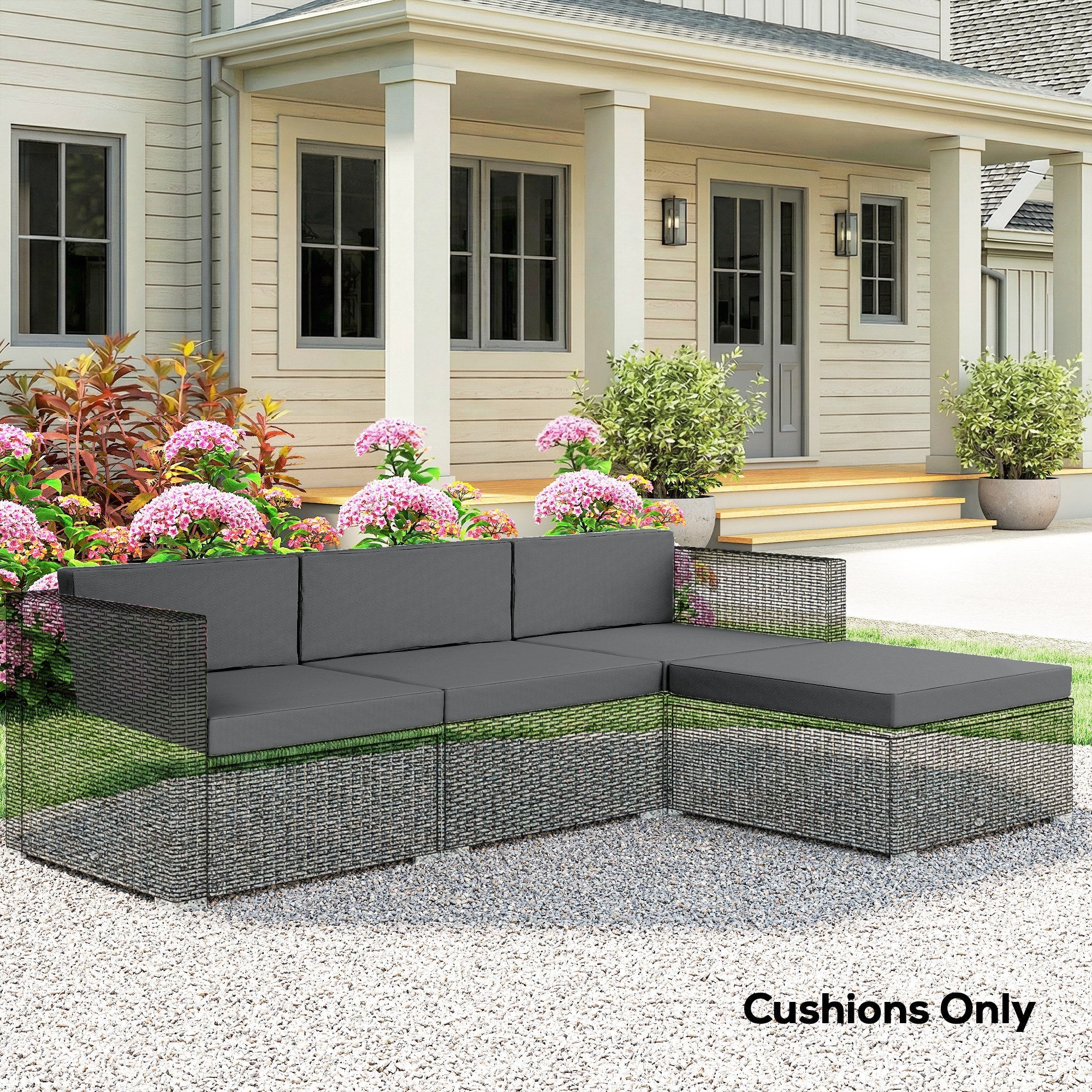 Gray woven wicker outdoor loveseat with dark gray removable cushions from outsunny 7-piece patio set