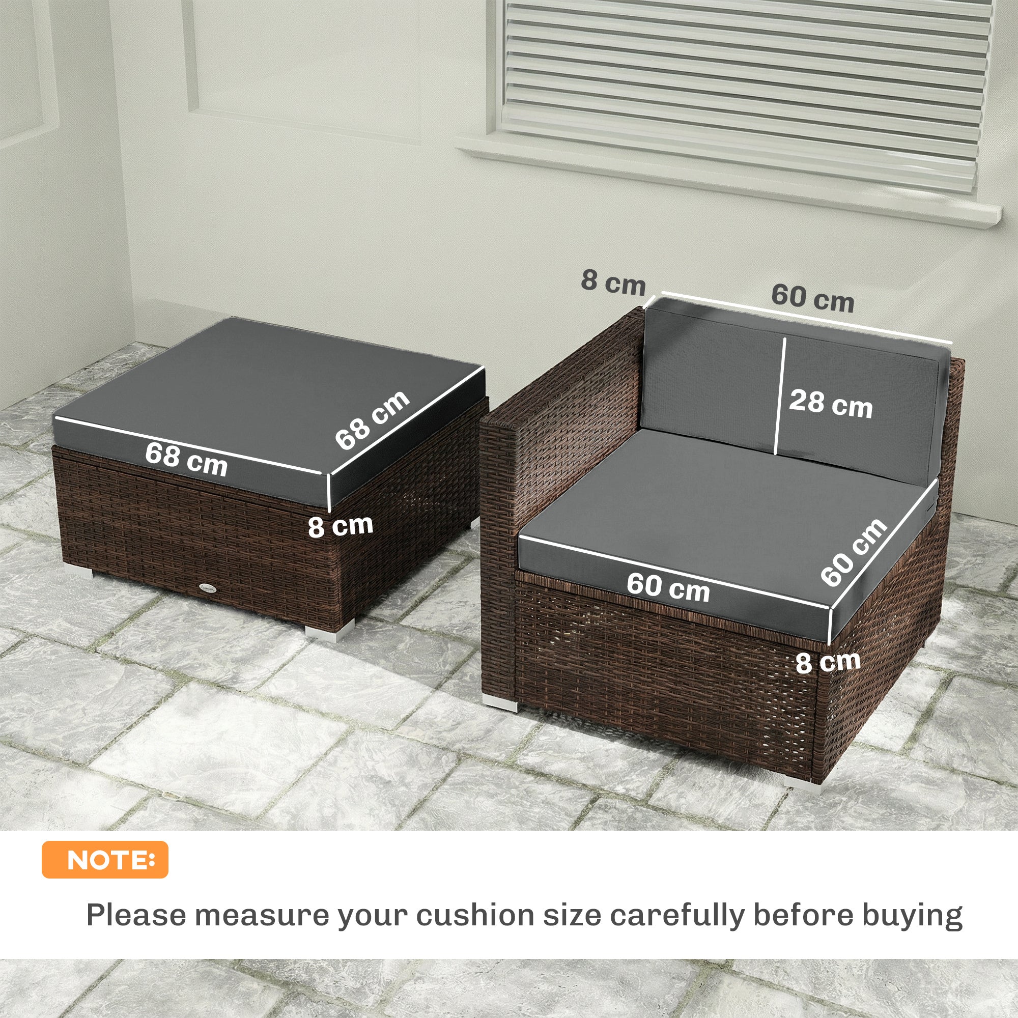 Brown wicker outdoor armchair with dark grey outdoor loveseat cushion perfect for rattan furniture seating