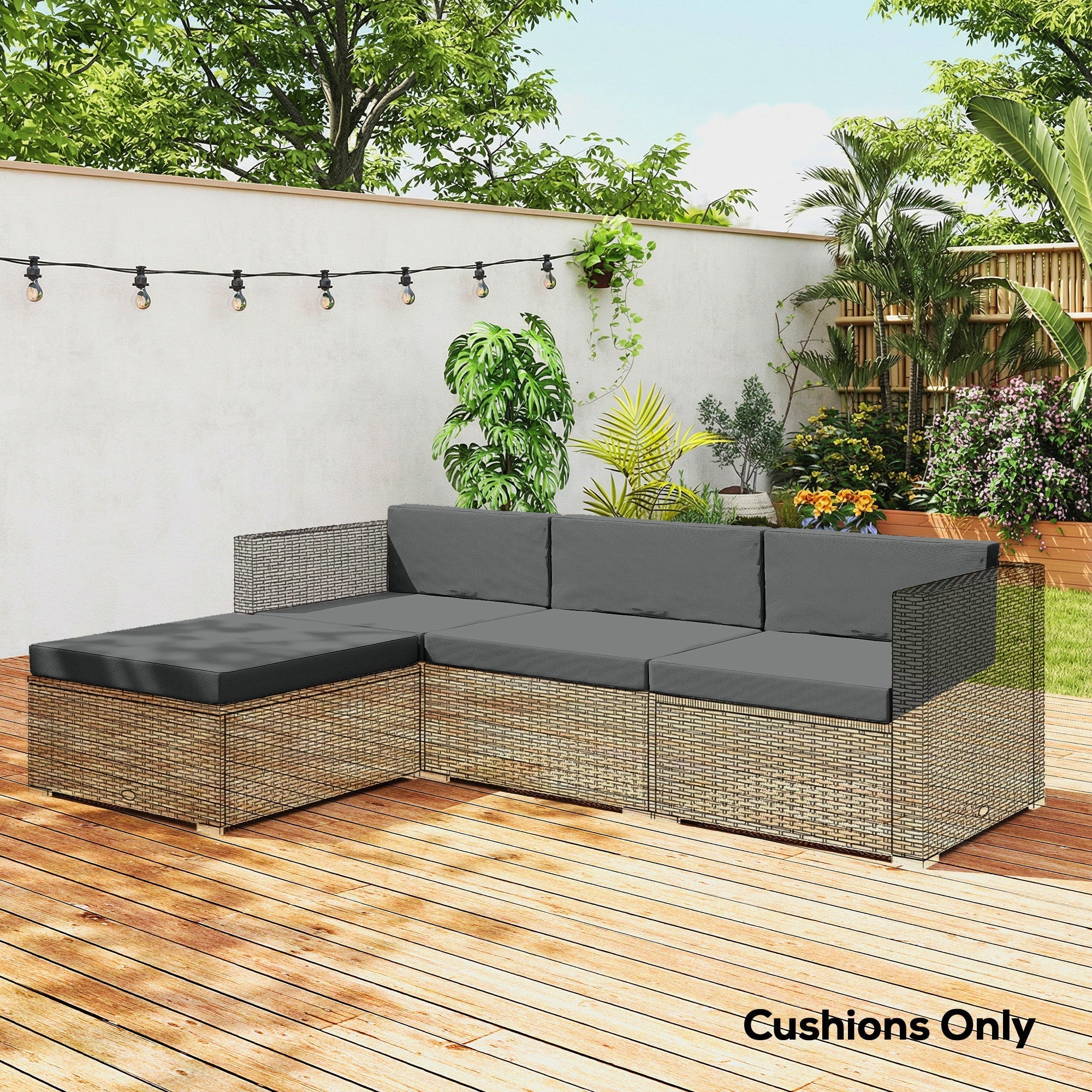 Gray outdoor loveseat cushion with removable covers for rattan furniture in dark grey on woven wicker frame