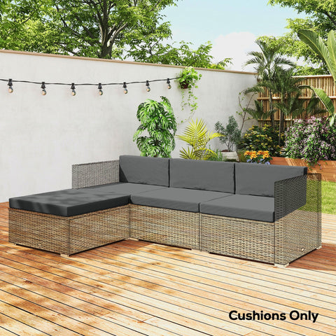 Gray outdoor loveseat cushion with removable covers for rattan furniture in dark grey on woven wicker frame