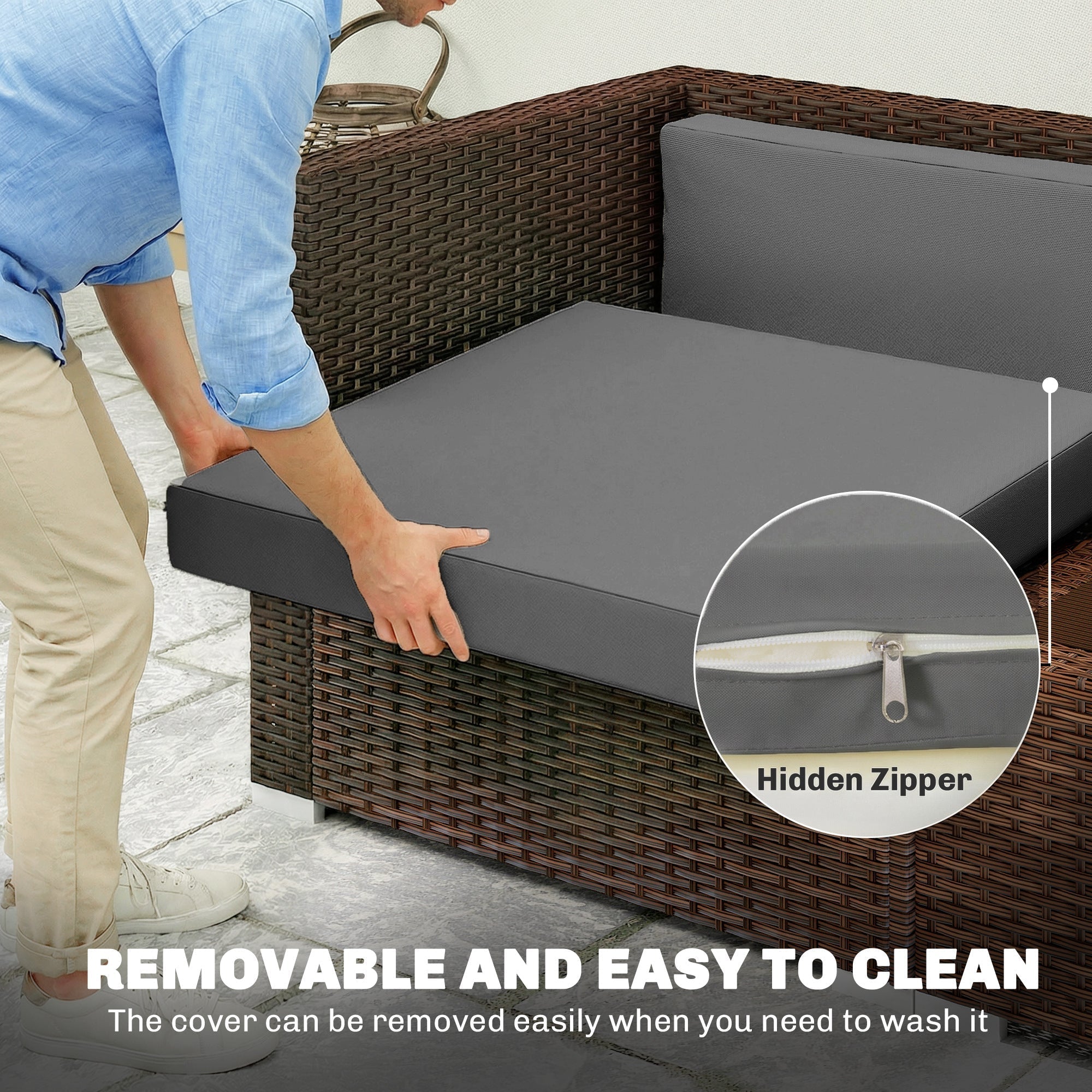 Dark gray outdoor loveseat cushion with hidden zipper fits brown wicker sofa for easy cleaning and rattan furniture use