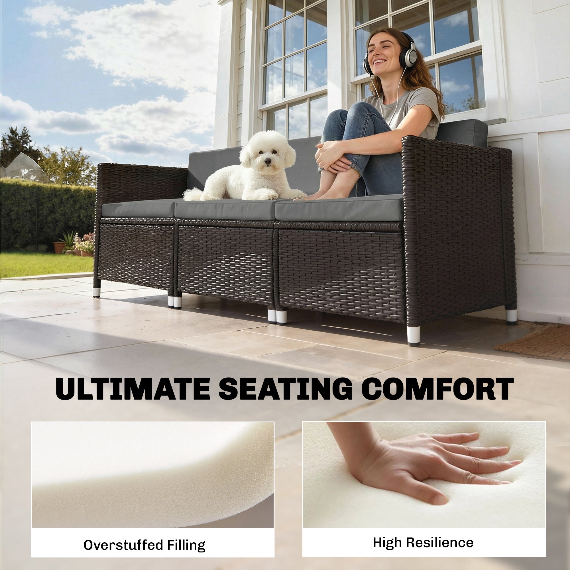 Dark brown wicker outdoor loveseat with removable dark grey outdoor loveseat cushions for rattan furniture