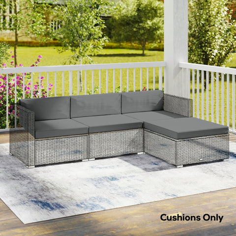 Gray woven wicker outdoor loveseat with matching dark grey outdoor loveseat cushions and removable covers