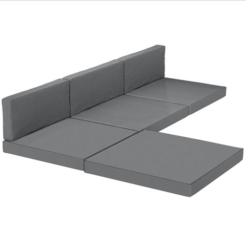 Gray modular foam play mat with l-shaped design shown alongside outsunny outdoor loveseat cushion in dark grey