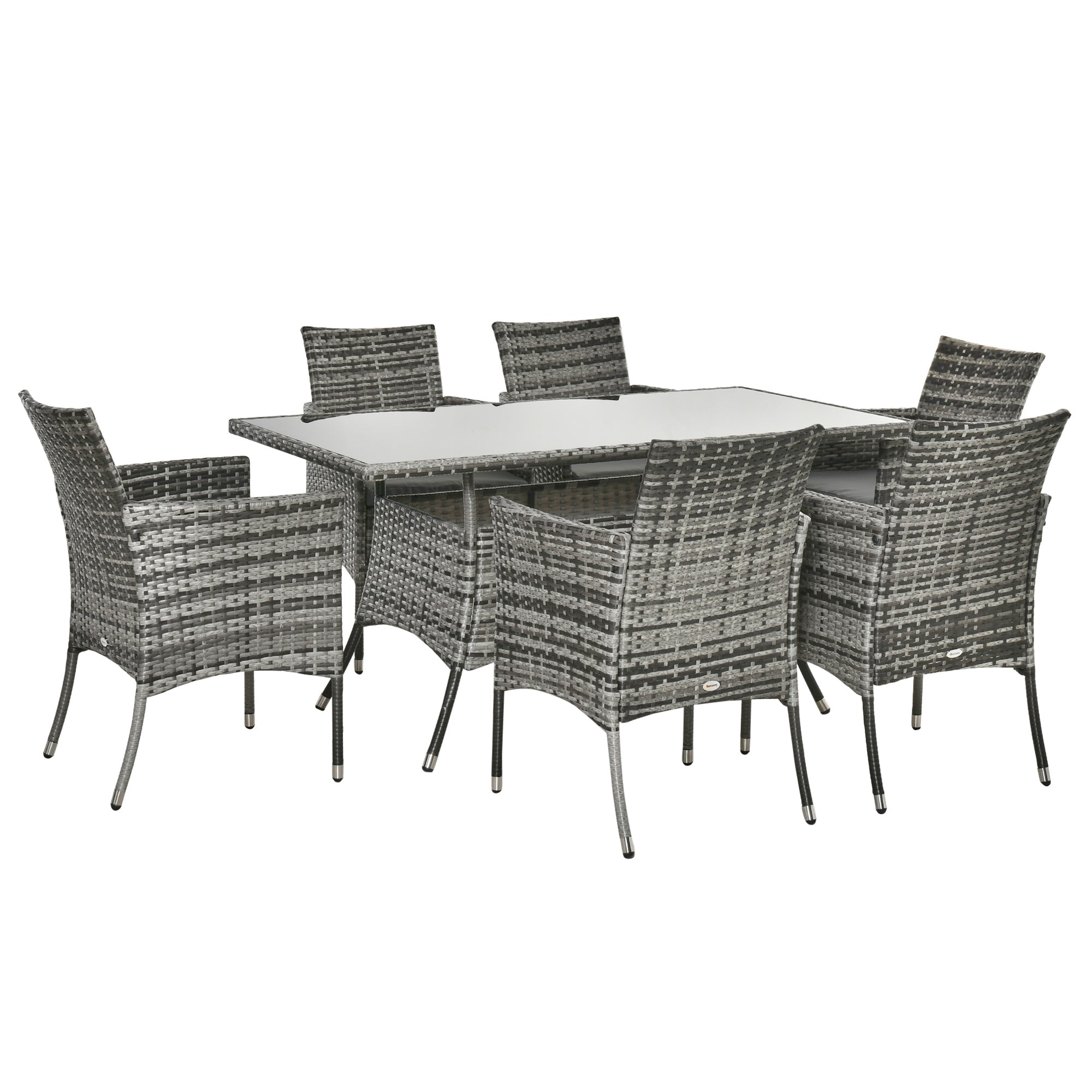 Gray woven wicker dining set with glass top table and six cushioned chairs perfect for garden furniture use