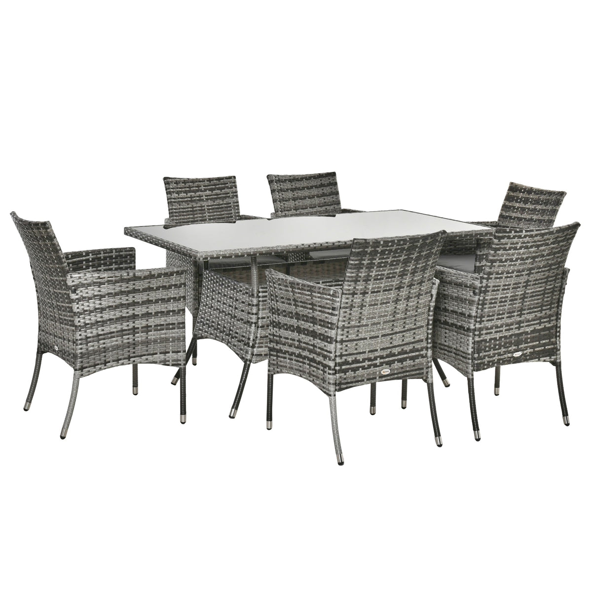Gray woven wicker dining set with glass top table and six cushioned chairs perfect for garden furniture use
