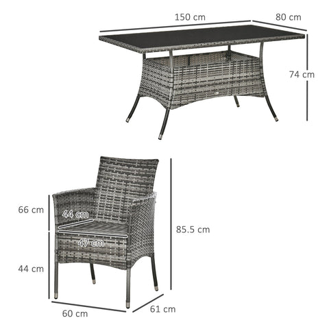 Gray woven wicker dining set with black glass top table and matching armchairs for garden furniture outdoor use