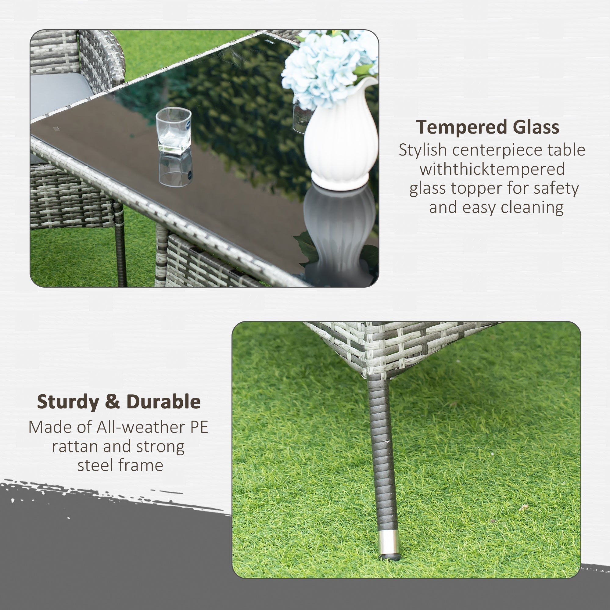 Stylish grey 7-piece rattan garden furniture dining set with thick tempered glass top and all-weather pe rattan frame