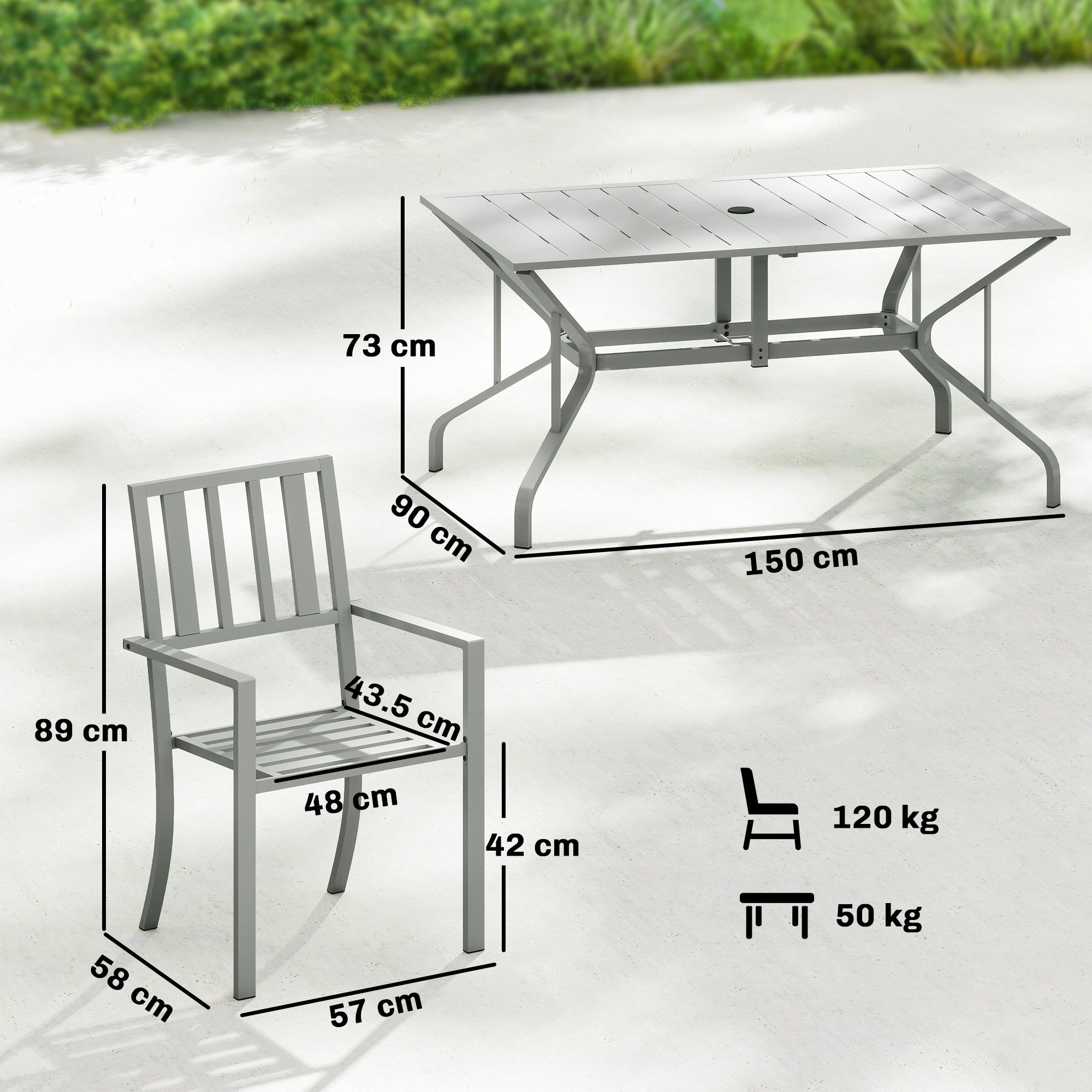 Gray metal patio table with slatted top and curved legs 150 cm long in outsunny garden dining set for 6 people