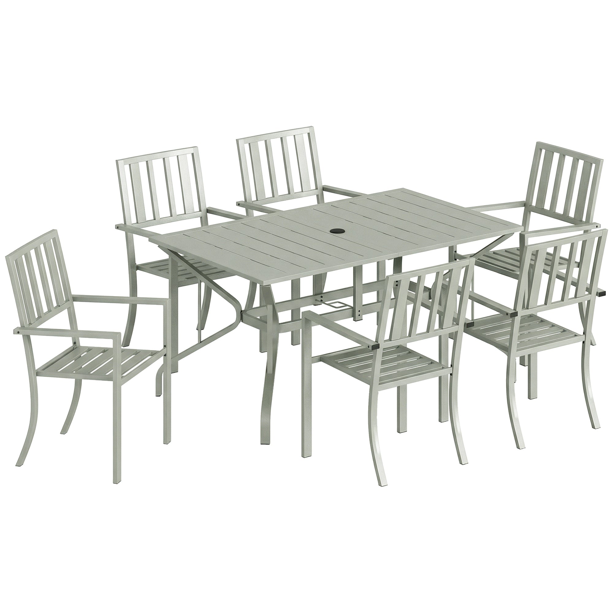 Outsunny light grey aluminum garden dining set with rectangular table six slatted chairs and umbrella hole for outdoor use
