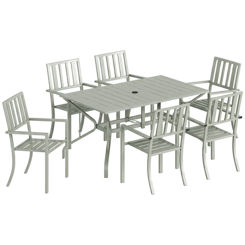 Outsunny light grey aluminum garden dining set with rectangular table six slatted chairs and umbrella hole for outdoor use