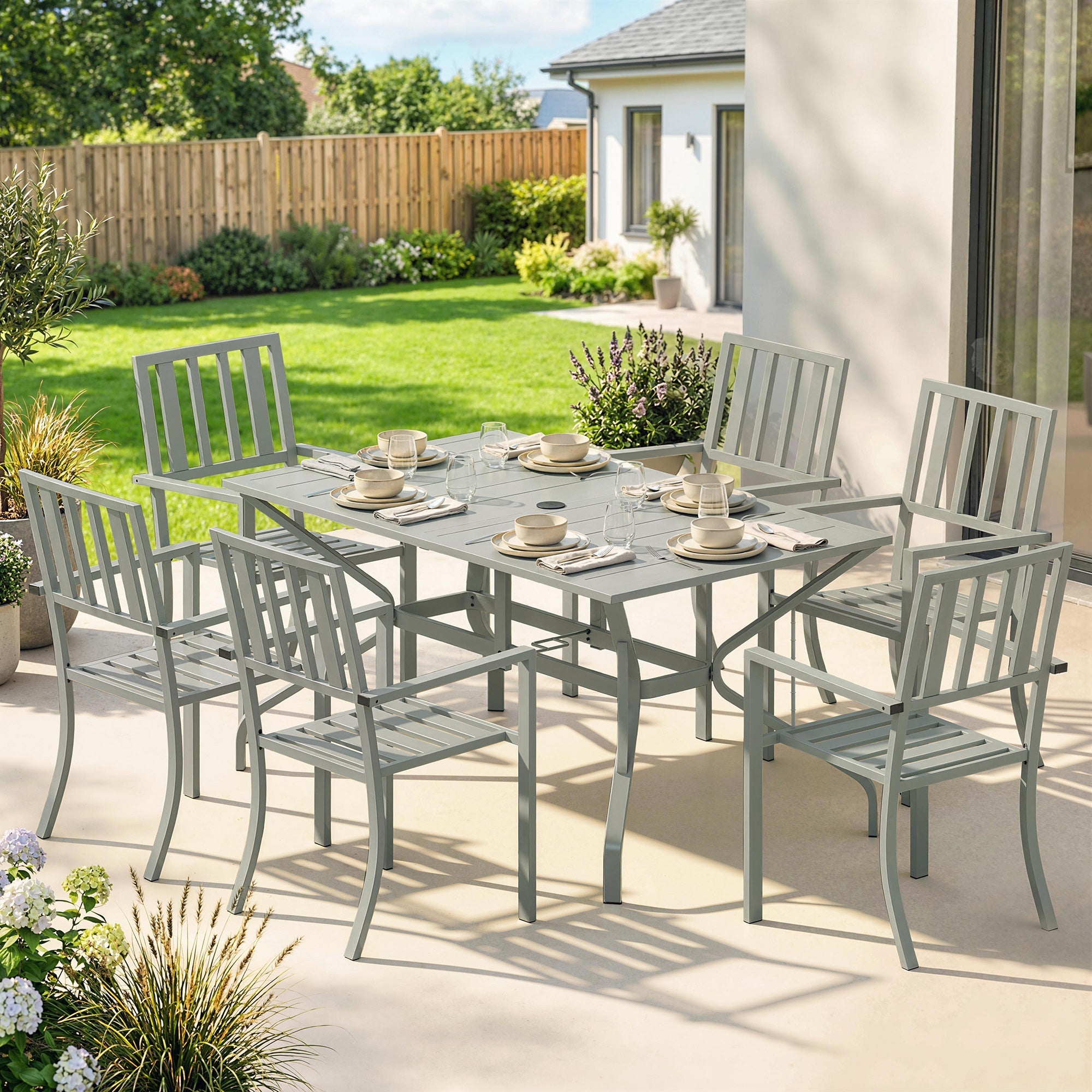 Gray outsunny 7 piece garden dining set with rectangular aluminum table and six slatted chairs for outdoor use