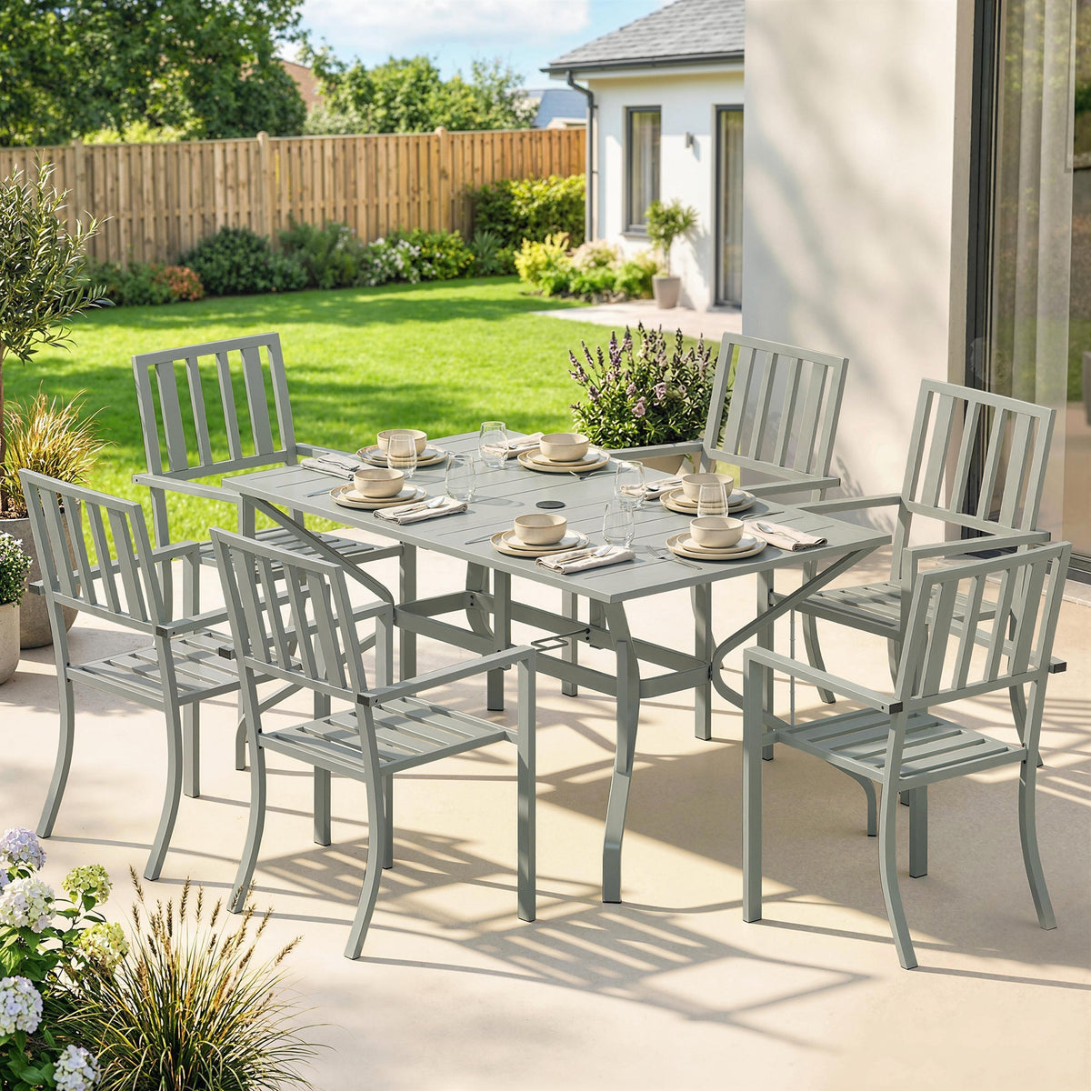 Gray outsunny 7 piece garden dining set with rectangular aluminum table and six slatted chairs for outdoor use