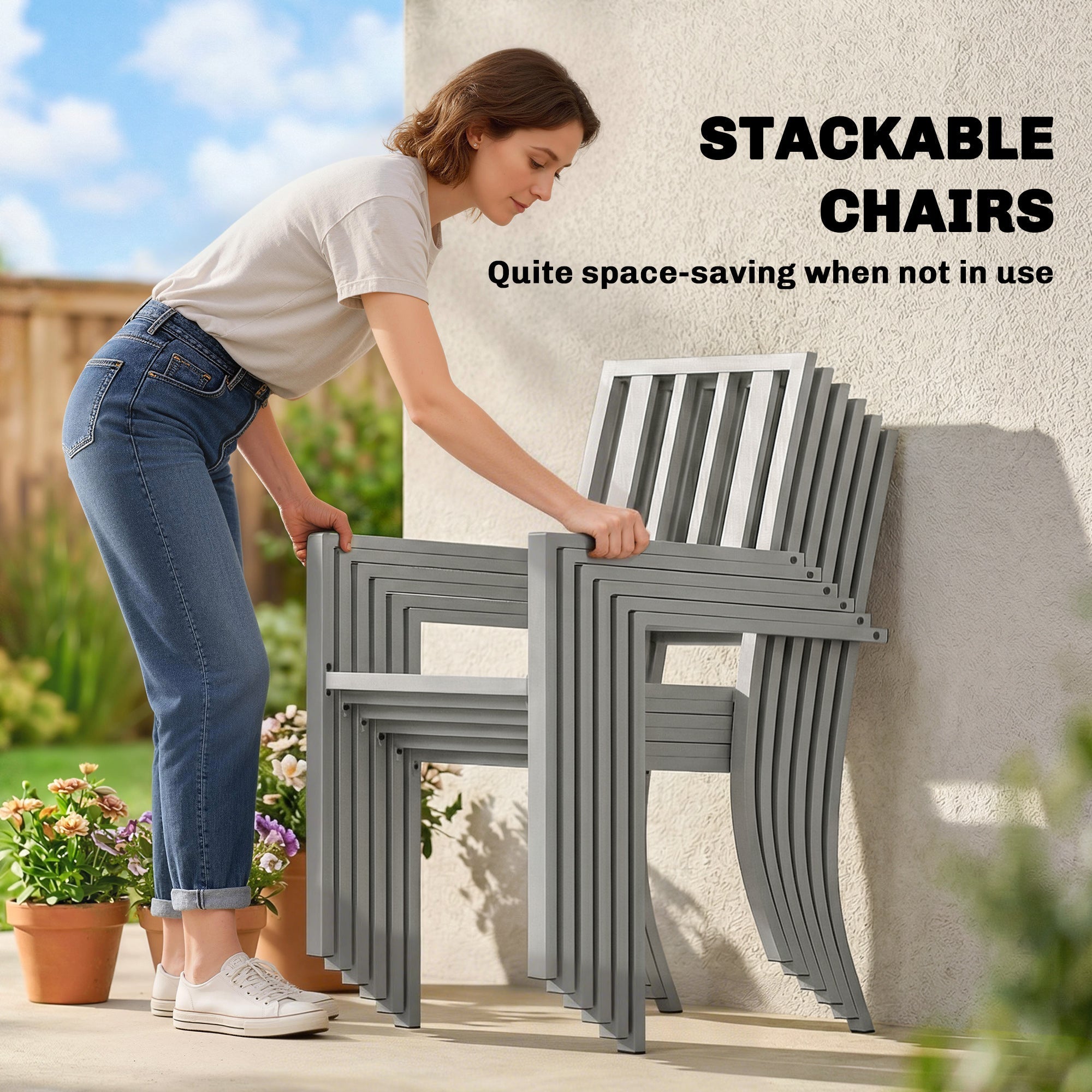 Stackable gray outdoor chairs with sleek metal frames in outsunny garden dining set for 6 with umbrella hole