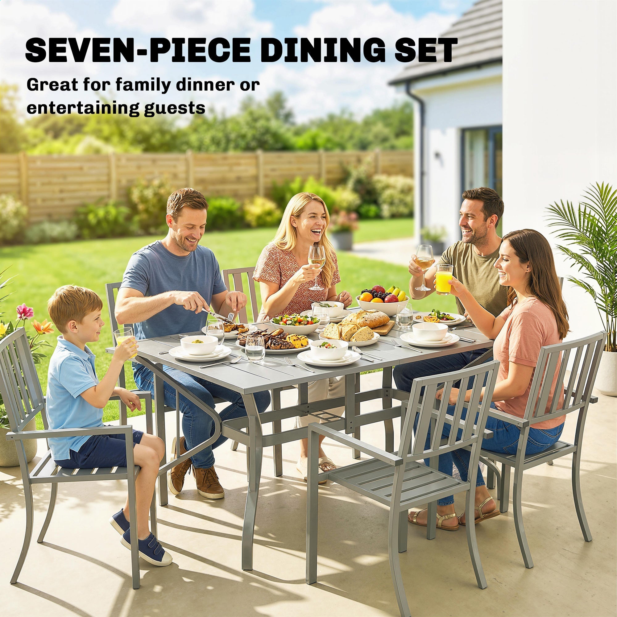 Gray metal outsunny garden dining set with rectangular table and slatted back chairs for outdoor dining