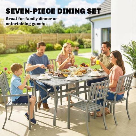 Gray metal outsunny garden dining set with rectangular table and slatted back chairs for outdoor dining