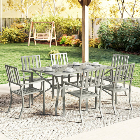 Gray metal Outsunny 7 pieces garden dining set with slatted chairs and umbrella hole for outdoor use