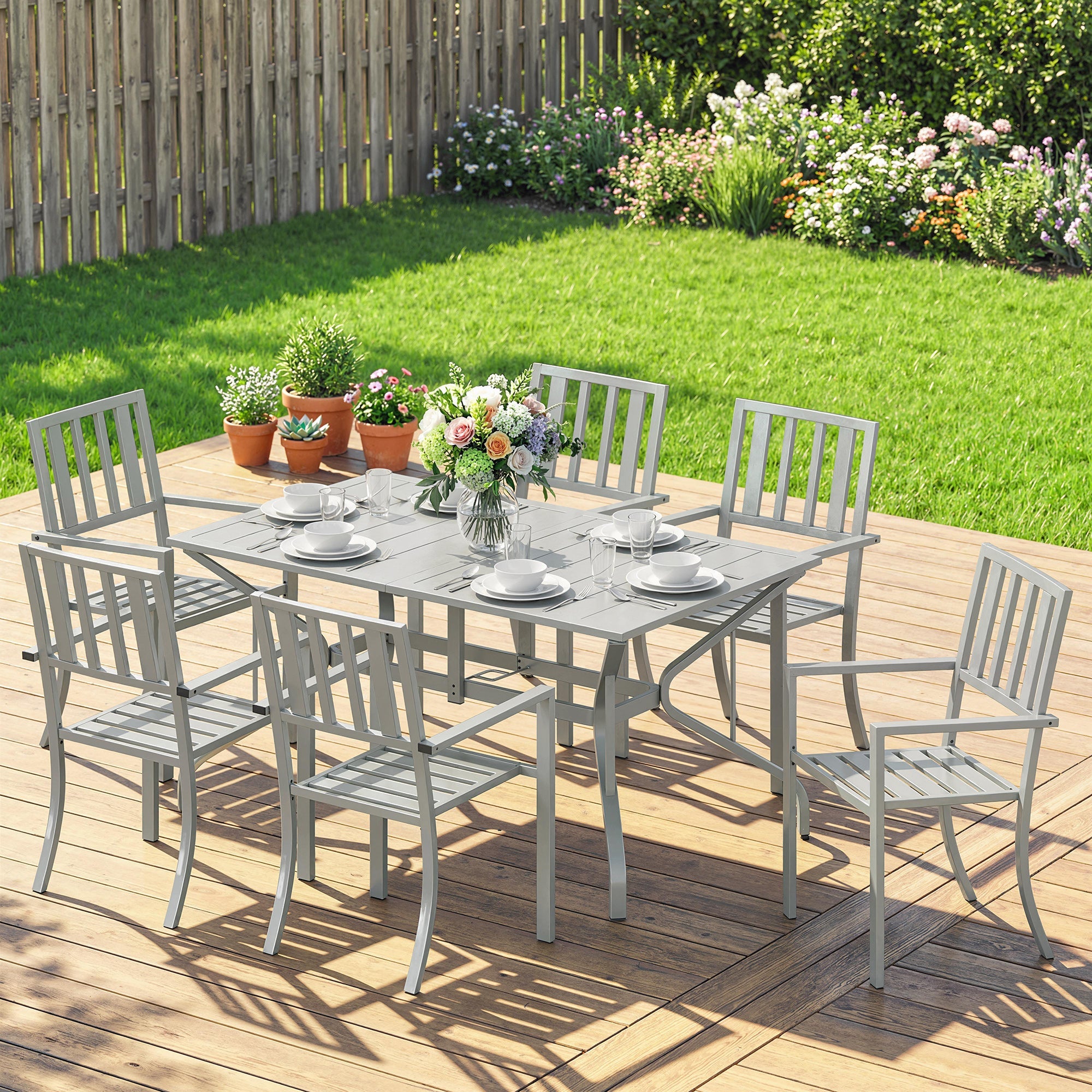 Gray metal outdoor garden dining set with slatted table and 6 chairs includes umbrella hole for 6 seater dining set
