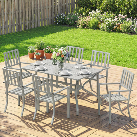 Gray metal outdoor garden dining set with slatted table and 6 chairs includes umbrella hole for 6 seater dining set