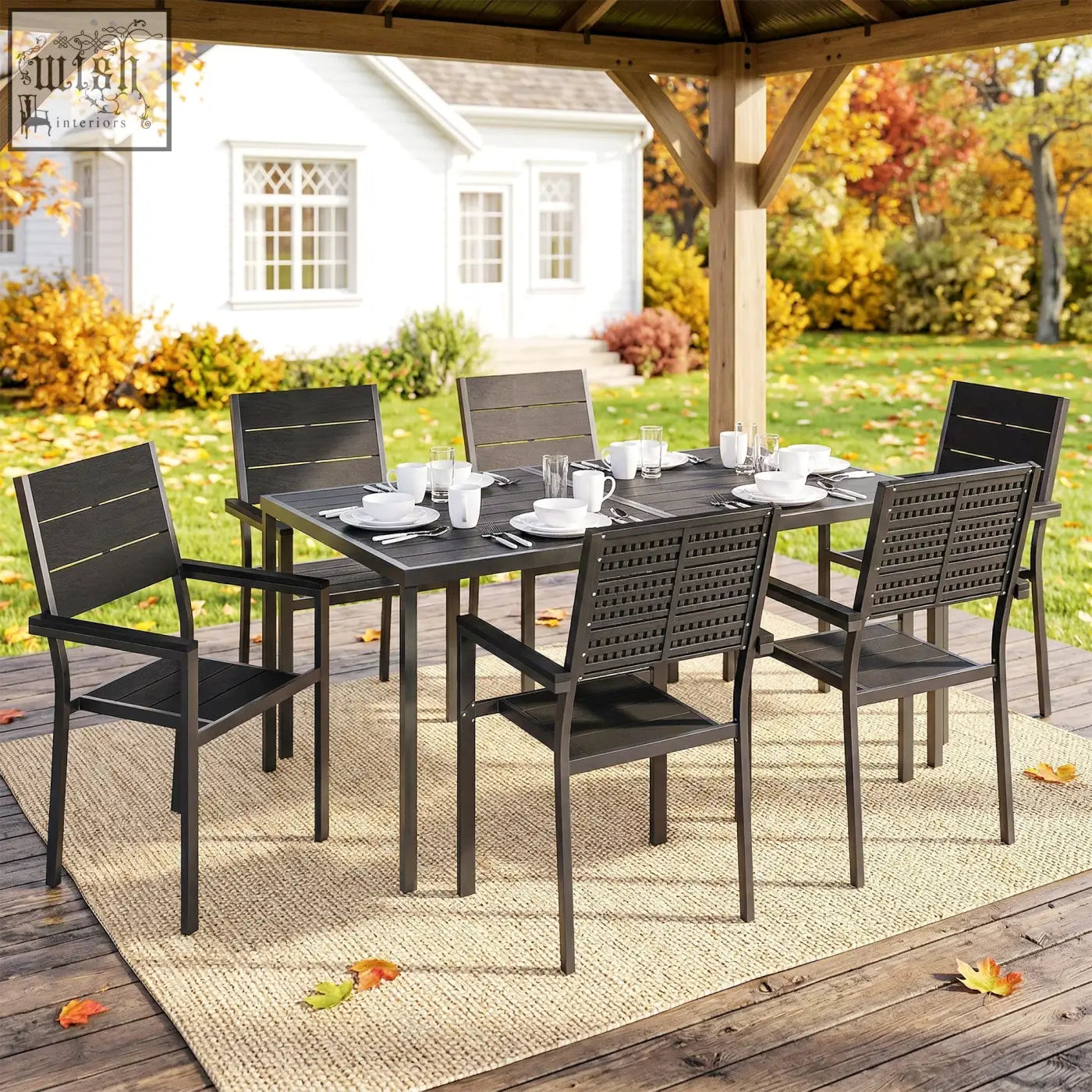 Outsunny 7 pieces outdoor dining set with black slatted wooden style patio dining table and chairs for 6 people