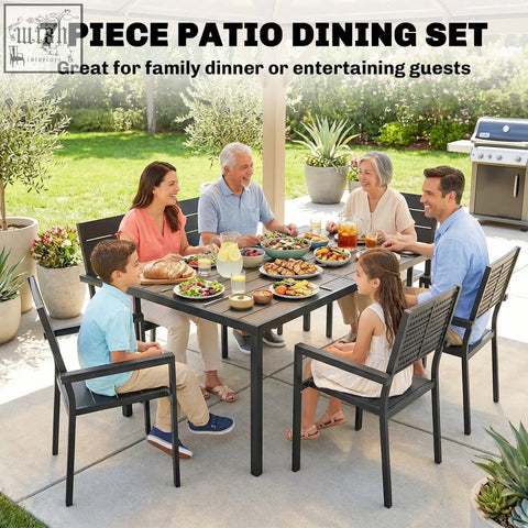Black metal patio dining set with rectangular slatted table and woven backrest chairs for outdoor patio dining