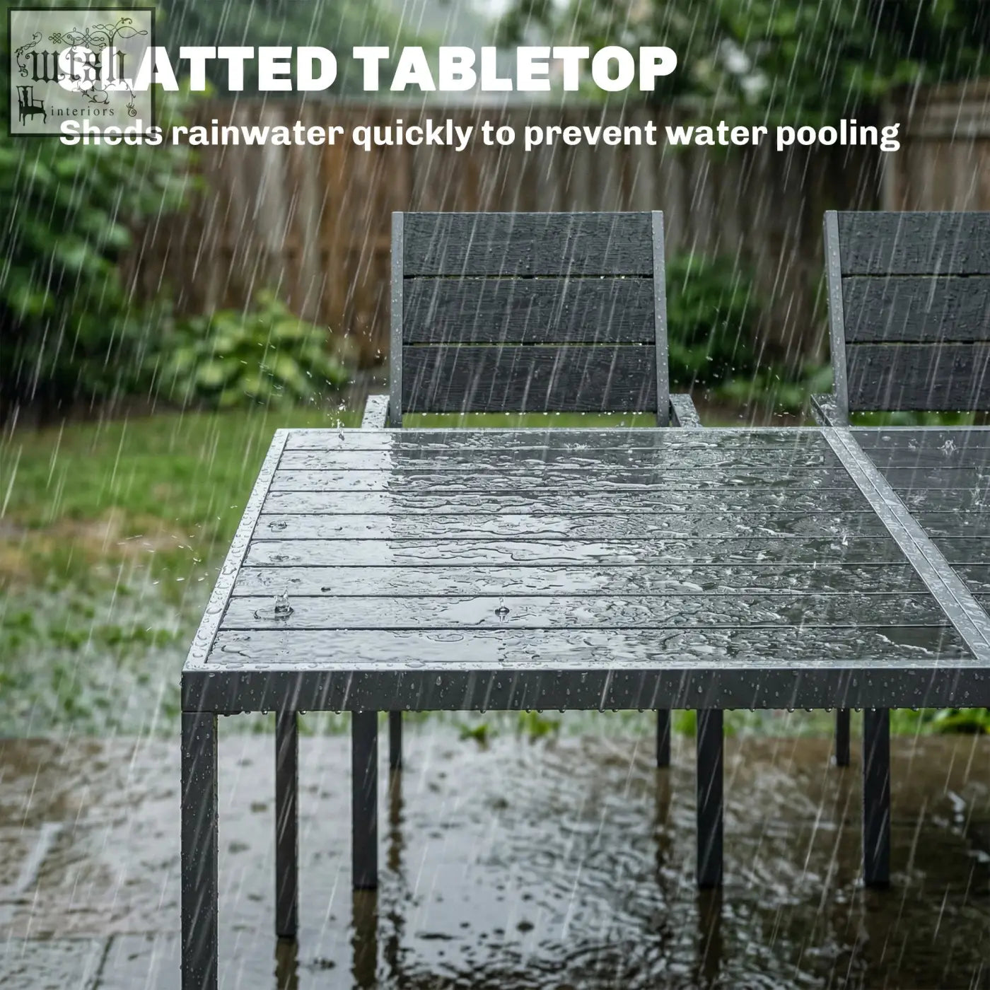 Dark gray slatted tabletop of outsunny 7 pieces patio dining set with modern weather-resistant design for outdoor use