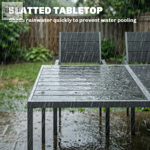Dark gray slatted tabletop of outsunny 7 pieces patio dining set with modern weather-resistant design for outdoor use
