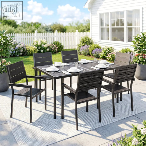 Black outsunny 7 pieces outdoor dining set with slatted wooden tabletop and minimalist chairs perfect for patio dining
